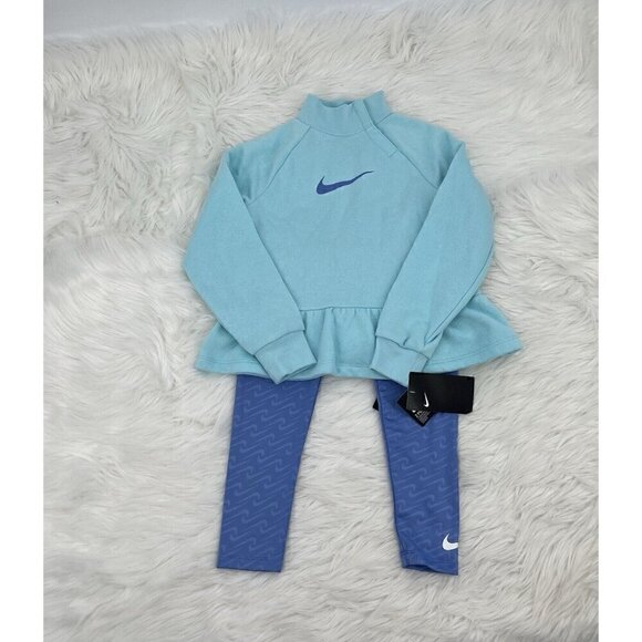 NEW 2pc NIKE Blue Peplum Sweatshirt & Leggings Set Size 6X Swoosh Long Sleeve - Picture 1 of 5